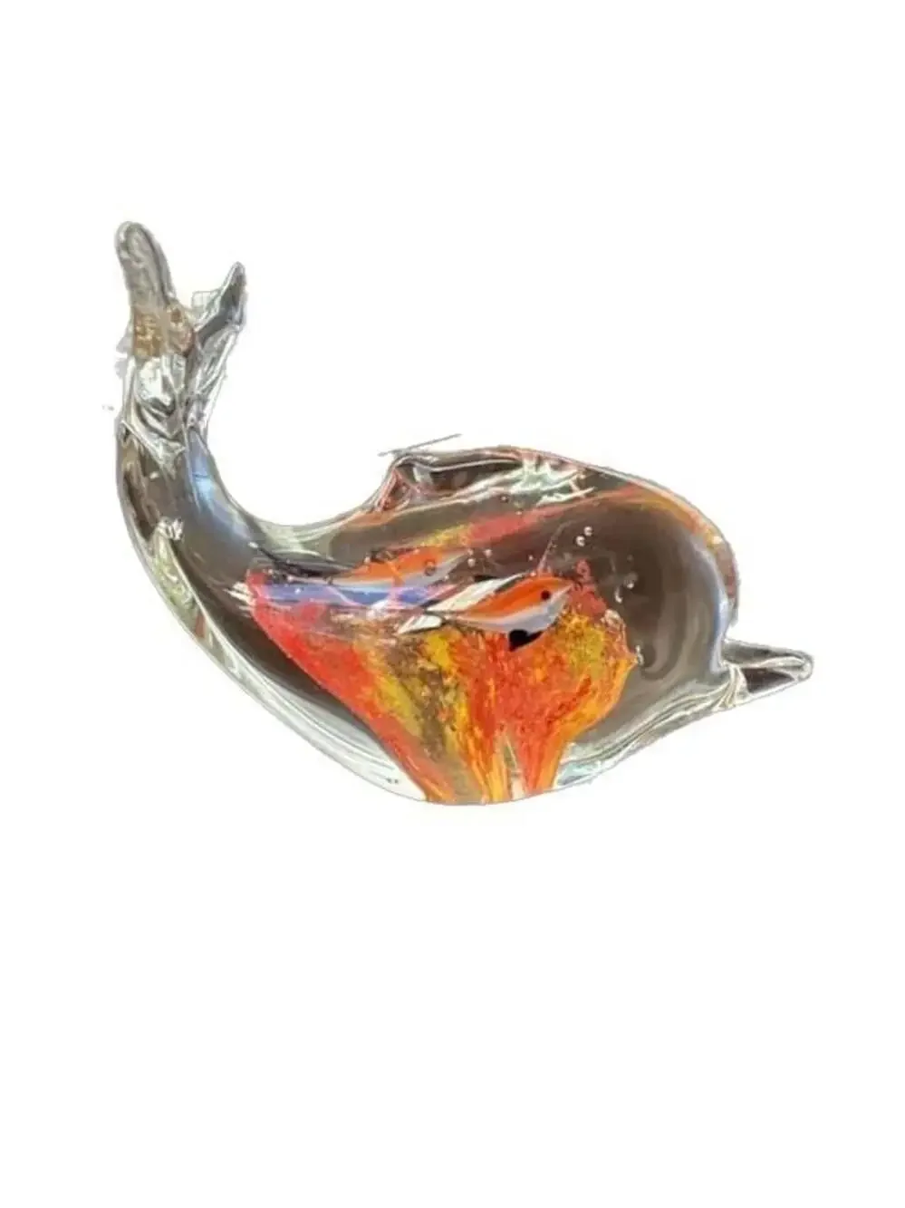 Clear Art Glass Whale Figurine Paperweight with Internal Fish and Reef Detail